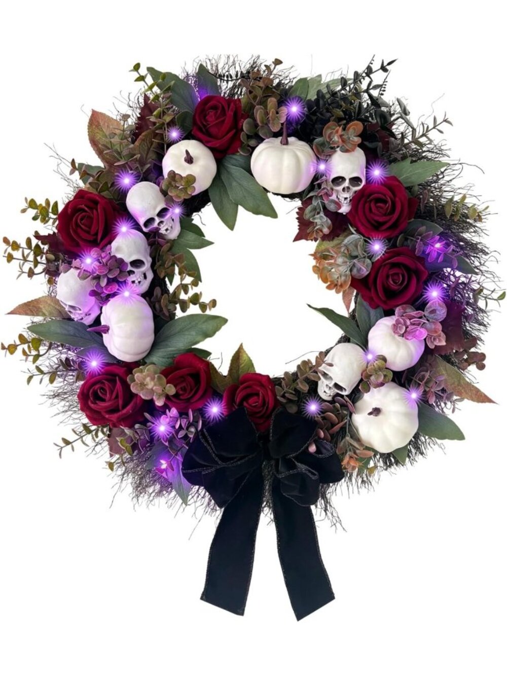 Gothic 20-Inch Halloween Wreath with Purple Lights for Front Door Decor